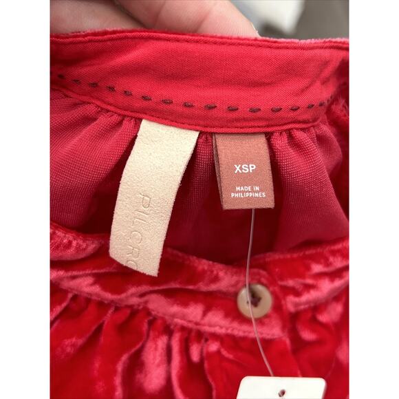 Pilcro And The Letterpress Top XS Petite Red Velvet Tab Collar Button Boho NWT - Picture 3 of 9